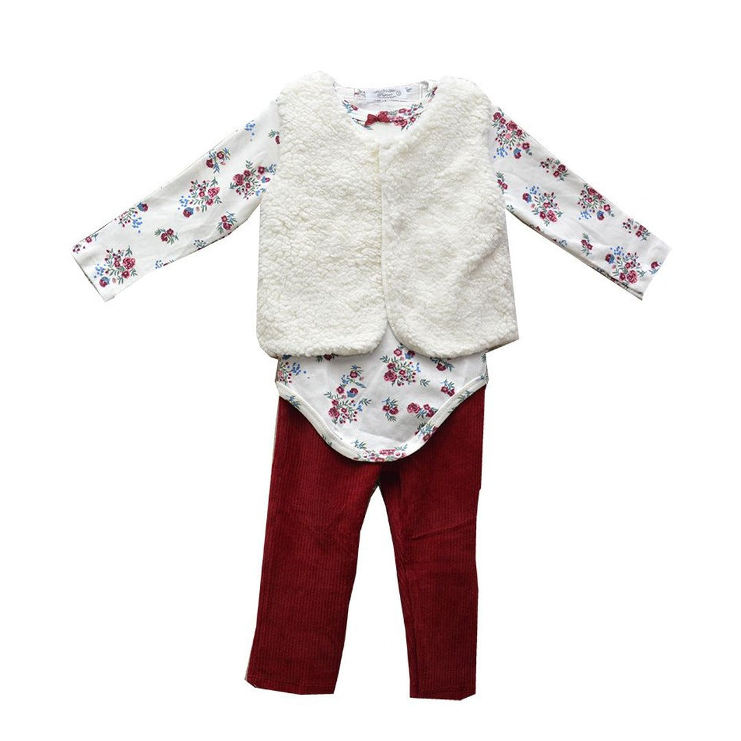 Conjunto Infantil Colete Fofinho Body Florido e Calca Veludo 1