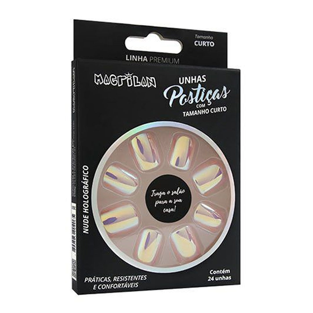 Unhas Posticas Macrilan Linha Premium Curto Nude Holografico 1