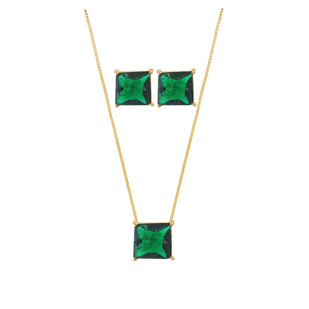 Conjunto Colar Brinco Quadrado Pedra Fusion Verde 1