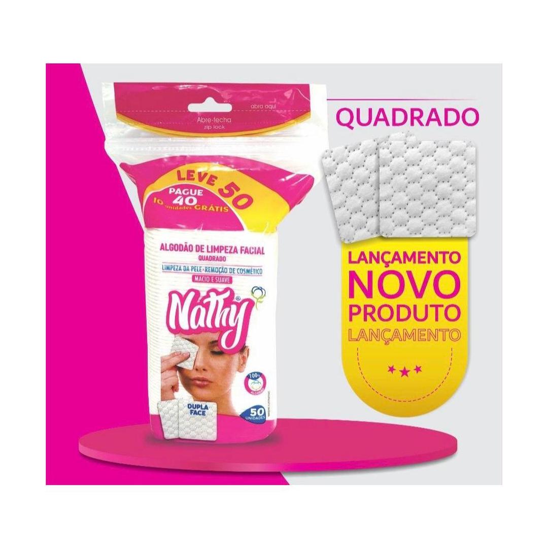 Algodao de Limpeza Facial Quadrado Dupla Face Nathy 50 un 1